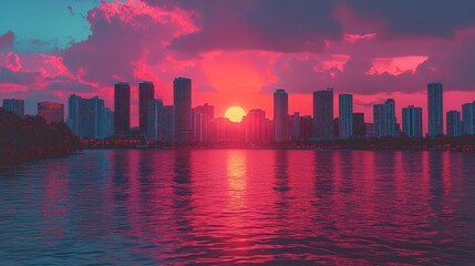 Obraz premium City skyline with a vibrant sunset over the water.
