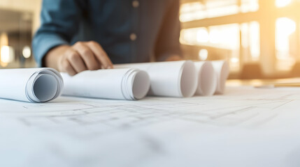 Architect Reviewing Blueprints on Desk, plans, design, construction, building, engineering