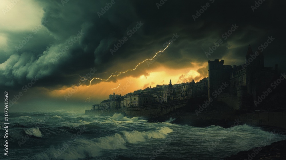 Poster Dark clouds gather over a coastal city as a storm brews, while lightning flashes illuminate the sky and waves crash against the shore. Generative AI