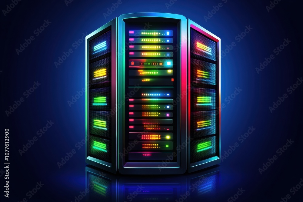 Leinwandbilder Multiple servers with blinking lights illuminate a dark data center, indicating ongoing network operations and data processing. Generative AI