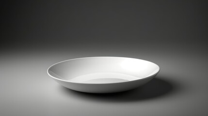 A sleek 3D model of a plain white ceramic plate, placed on a clean white surface with minimal shadows.