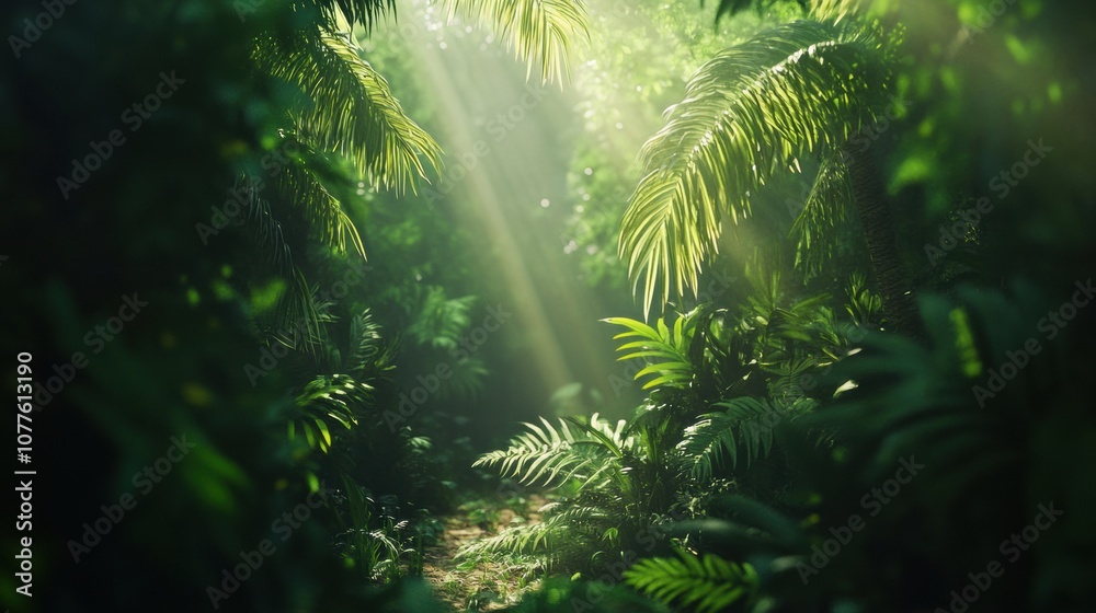 Poster sunlight beams penetrate the dense canopy, illuminating the rich greenery of the tropical forest whi