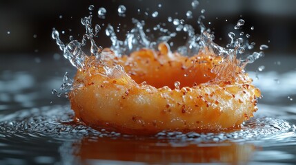 A donut splashing into water, creating a crown of droplets.