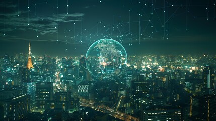 Obraz premium Nighttime Cityscape with a Holographic Earth Globe