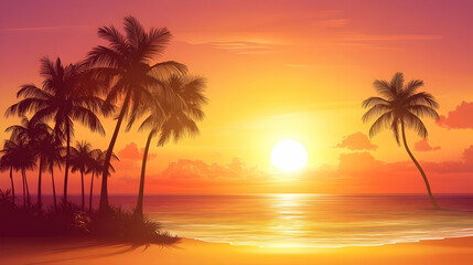 Tropical Sunset on a Beach, palm trees, ocean, sea, horizon, sky