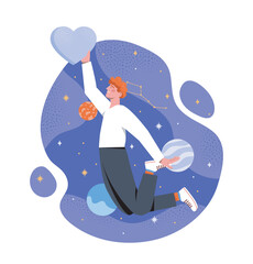 Man with cosmic love. Young guy with violet pink in hands near stars and planets. Galaxy and universe. Love and romance. Imagination and dream. Flat vector illustration isolated on white background