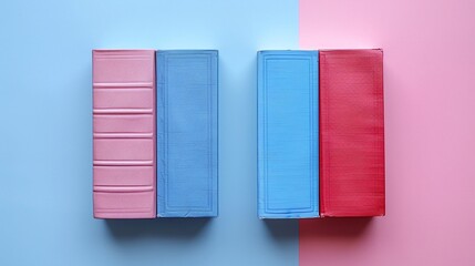 Naklejka premium Stacked books with colorful covers, vibrant blue and pink gradient background, flat lay composition, educational tools, modern and minimalist academic design, bold aesthetic.