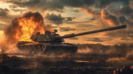 A military tank engulfed in flames during a battle.