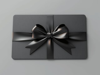 Black Gift Card Mockup with Ribbon Bow on Light Grey Table - Top View 3D Rendering