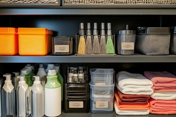 Organized cleaning closet with supplies neatly arranged.