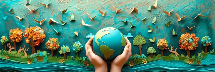 Whimsical Paper Craft Scene of Child Holding Earth with Trees, Animals, and Birds in Nature for...