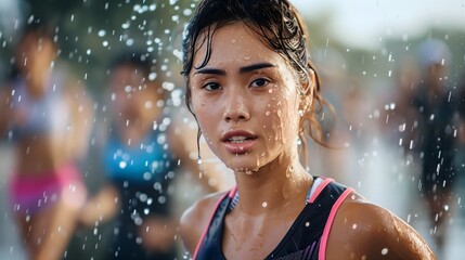 Obraz premium Dynamic Portrait of Young Asian Woman Athlete Running in the Rain Embracing a Healthy Lifestyle 