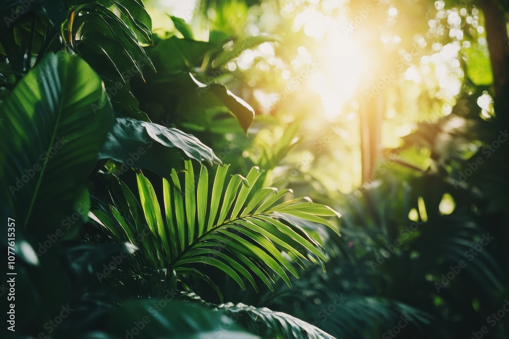 Poster sunbeams penetrate the dense greenery, illuminating the rich textures of leaves in a serene tropical
