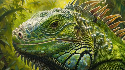 Fototapeta premium A close-up of a green iguana showcasing its textured scales, sharp spines, and intricate patterns. The iguana's piercing eyes and calm expression stand out against a blurred, natural background.