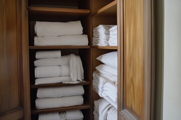 Organized linen closet with neatly folded sheets and towels