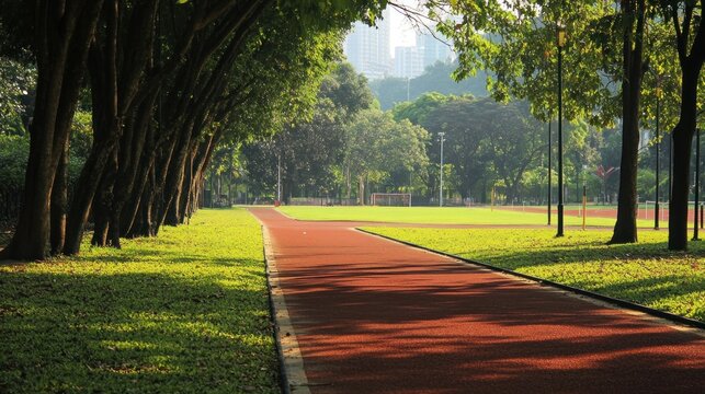 A red running track winds through a lush green park with a grassy field and trees in the background.