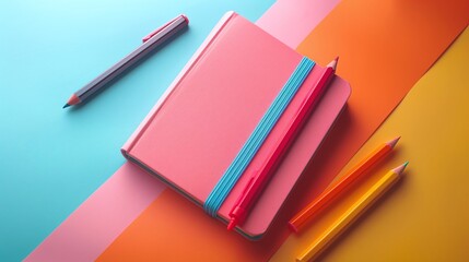 Pink notebook with colorful pencils, orange and blue stationery, minimalist design on a vibrant pastel background, flat lay composition, creative school supplies, modern academic tools.

