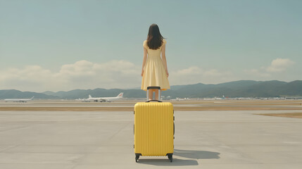 Fototapeta premium Woman traveler with suitcase walking on the road to the beach for a summer vacation