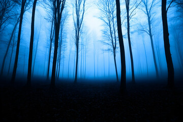 Obraz premium Blue Forest Fog, trees, silhouette, mystical, mysterious, eerie