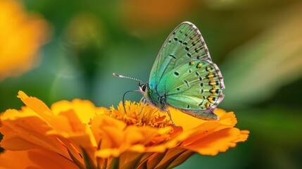 Obraz premium A vibrant green butterfly with black and yellow markings rests on a bright orange flower, against a soft, blurred green background. The scene captures the delicate details of the butterfly and petals.