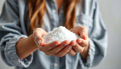Woman holds tableted salt. Automatic water softener. Salt water purification isolated with white highlights, png