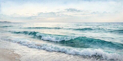 Fototapeta premium Softly textured watercolor painting of a serene ocean scene on white background, water texture, peaceful environment, blue hue