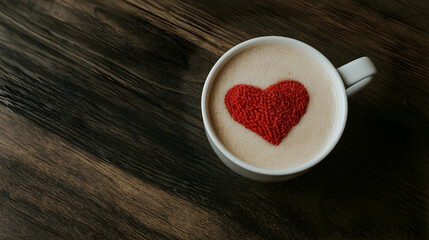 Knitted Heart in Coffee Mug, red heart, white mug, foam, cappuccino, love