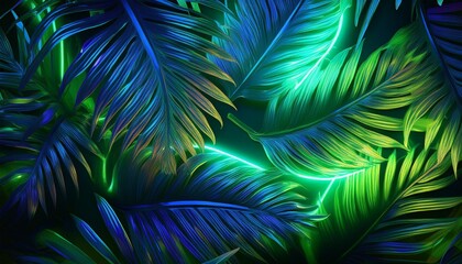 Green and blue neon lights with tropical leaves.