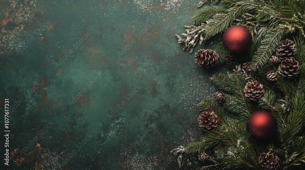 Poster a vibrant green backdrop showcases lush pine branches adorned with red ornaments and rustic pine con