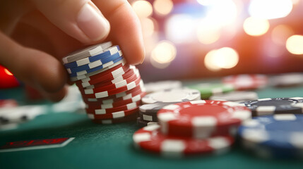 Naklejka premium Close-up of a Hand Stacking Casino Chips on a Green Felt Table, gambling, poker, close up, game, money