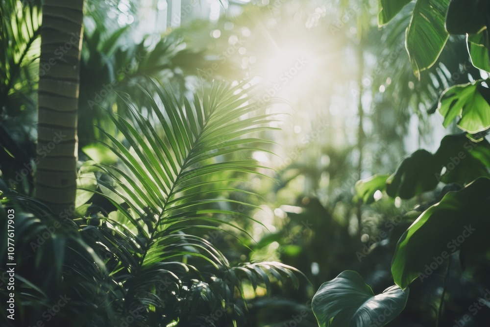 Poster sunlight filters through the dense leaves of a tropical forest, creating a warm, serene atmosphere a
