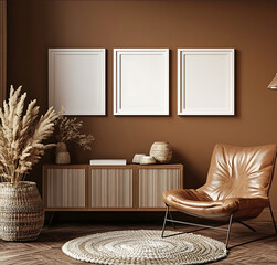 Three white picture frames on the wall of an elegant bohostyle living room with brown walls a leather side chair and a cabinet Mockup style