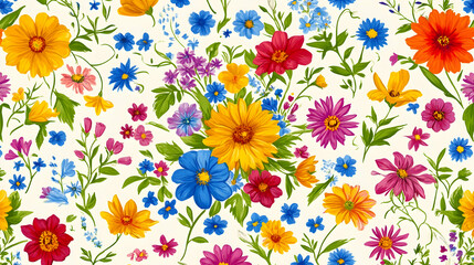Seamless Floral Pattern with Colorful Wildflowers on White Background, spring, summer, nature, garden, bloom