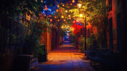 Obraz premium jazz, brighter, happy, white tone, alley road, no people, street lamp, colorful, summer night ,generative ai