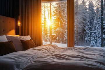 Fototapeta premium Modern minimalist luxury hotel room overlooking the forest