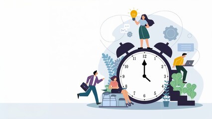 Illustration of effective time management and productivity with innovative solutions for meeting deadlines in business environment. Copy Space. Teamwork and Productivity concept