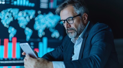 Businessman analyzing global data on smartphone, financial charts on screen, technology-driven insights, modern analytics, digital business solutions

