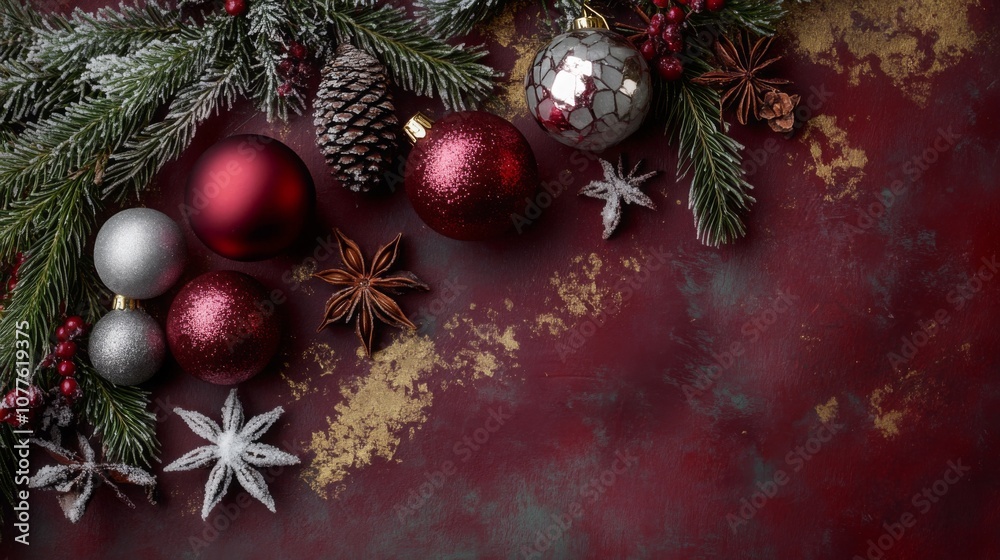 Aufkleber A snowy pine branch with red berries is nestled in the top left corner of the image. Several red and silver ornaments, a pine cone, and star anise are arranged around the branch.