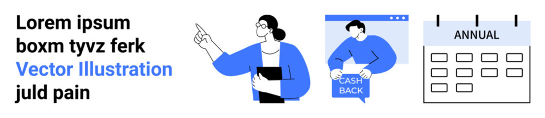 Professional woman pointing, person holding cashback sign, annual calendar. Ideal for business, presentations, financial services, scheduling, planning, corporate communications, and marketing