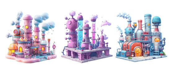 Obraz premium Colorful Industrial Factory with Steam and Smoke