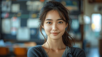 portrait of smiling asian school teacher in classroom with students