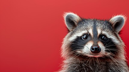 Adorable raccoon peeking from behind a vibrant red wall