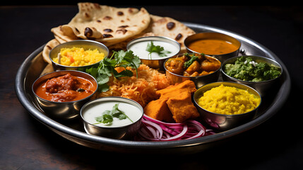 Traditional Indian Thali with Curry, Rice, Naan, and Chutney