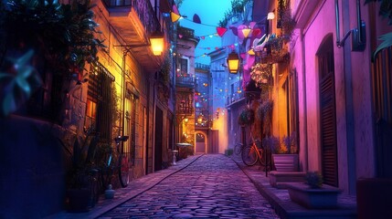 Fototapeta premium jazz, brighter, happy, white tone, alley road, no people, street lamp, colorful, summer night ,generative ai