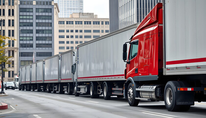 Line of the middle duty day cab rig semi trucks with refrigerated box trailers standing on the city street isolated with white highlights, png