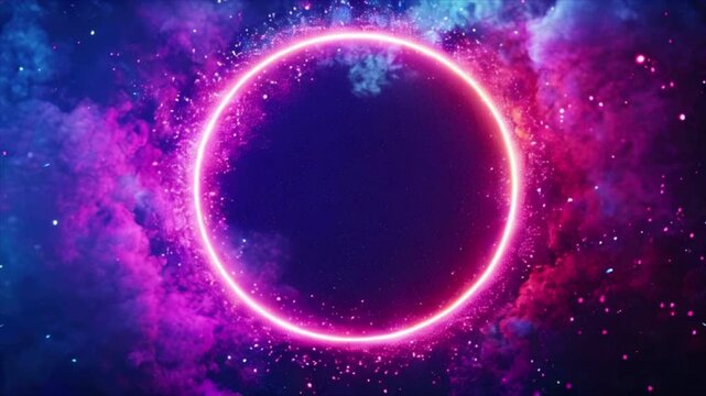 Neon circle glowing with blue, purple and pink light on black smoky background. Night club urban concept