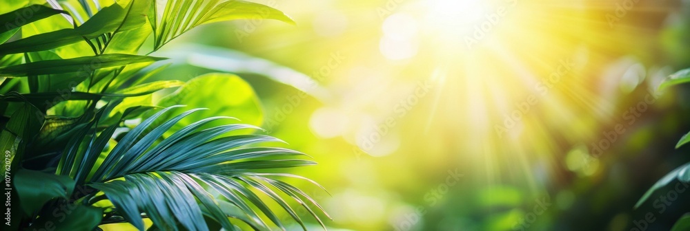 Poster Sunlight streams through the thick canopy of a tropical forest, illuminating lush greenery and creating a peaceful escape in nature. Generative AI