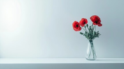 Fototapeta premium Vibrant Red Poppies in Glass Vase on Minimalist Shelf