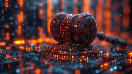 Wooden Gavel on Reflective Surface with Glowing Code Background Representing Law and Technology