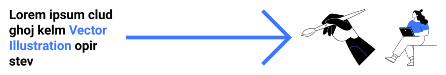 Obraz premium Text block on left with placeholder text, large blue arrow pointing right, hand drawing with pencil, seated person using laptop. Ideal for design, creativity, productivity, technology, work from